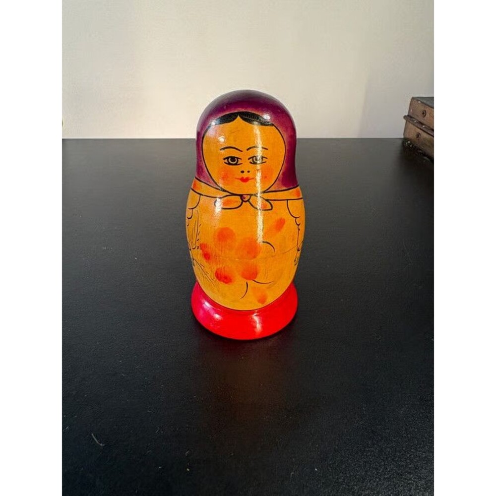 Russian Matryoshka Nesting Doll Hand Painted Wood Purple Scarf Folk Art 4 in